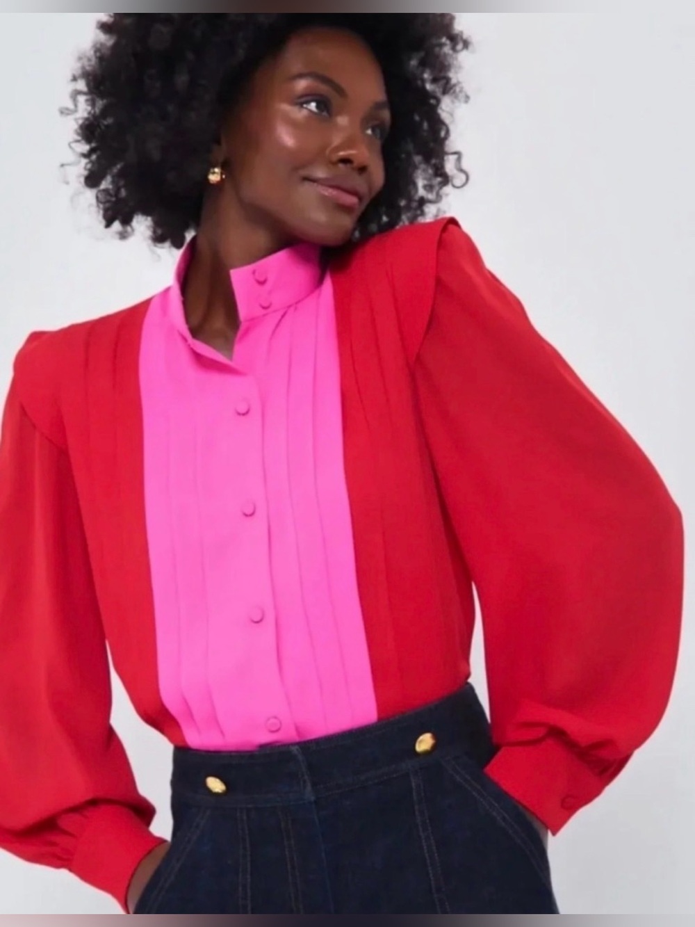 Tuckernuck x India Hicks Scarlet Hot Pink Grove Blouse Pleated Colorblock sm NWT